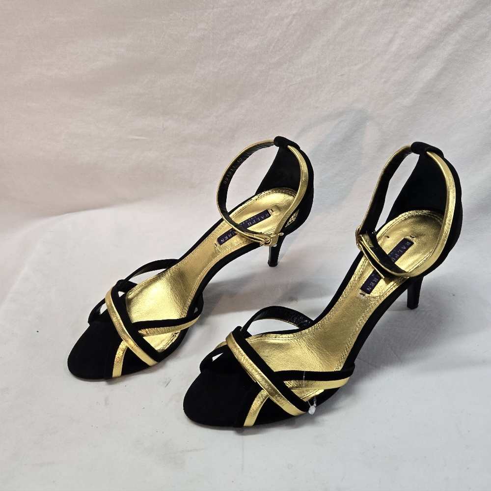 Ralph Lauren Collection Purple Label 10B Black Gold Leather Ankle Straps Heels - Picture 3 of 11